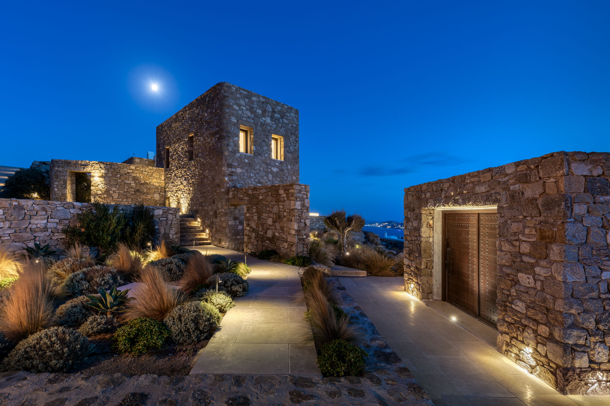Stone entrance at night